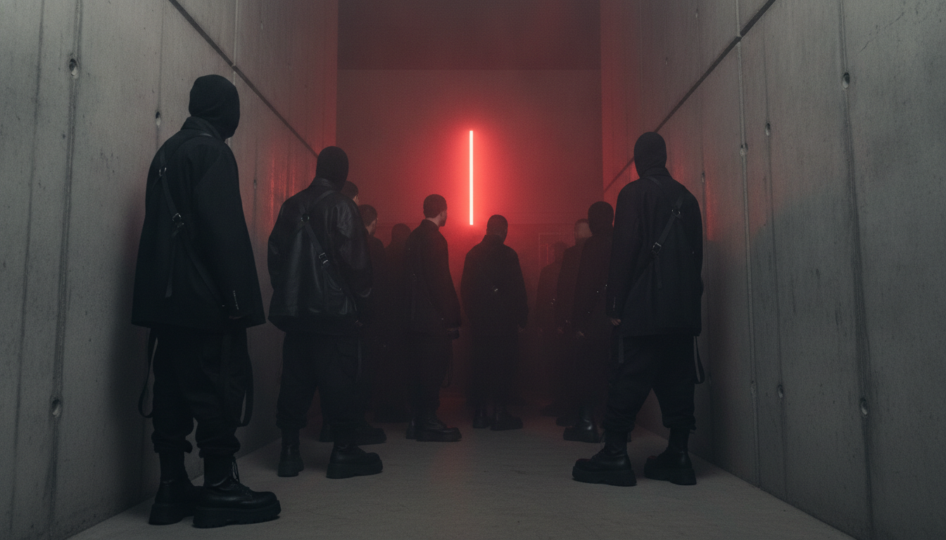 Personen in schwarzem Berghain Outfit vor Club-Eingang im Berliner Techno-Stil