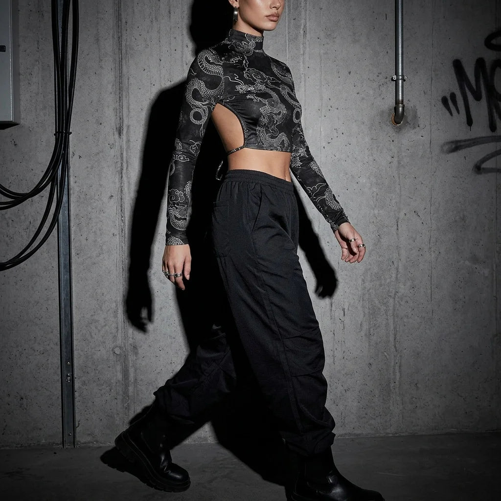 Seitliche Ansicht Dragon Night Backless Longsleeve, schwarz, Drachenmuster, Rave, Clubwear