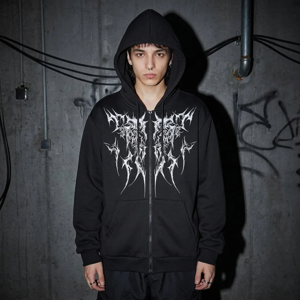 Dark Tribal Zip Hoodie mit Kapuze, Club-Mode, Schwarz
