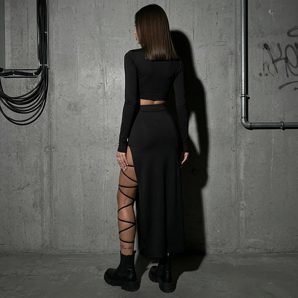 Rückansicht Midnight Lace-Up Set, Model stehend, Techno Festival Mode, Schwarz