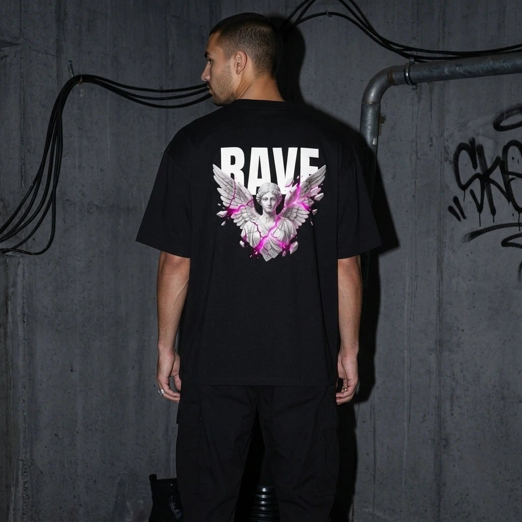 Oversize T-Shirt rave angel v2 - Dreiviertel-Ansicht | Techno Essentials