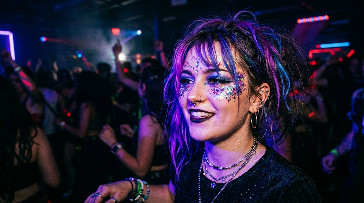 Raverin mit Glitzer-Makeup unter Neonlicht