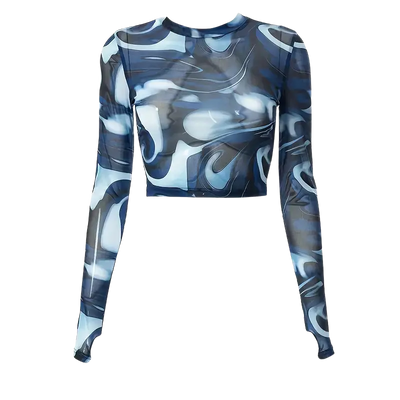 Frontansicht Midnight Waves Mesh Crop Longsleeve, blau-weiß, Rave Mode