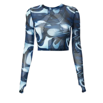 Frontansicht Midnight Waves Mesh Crop Longsleeve, blau-weiß, Rave Mode