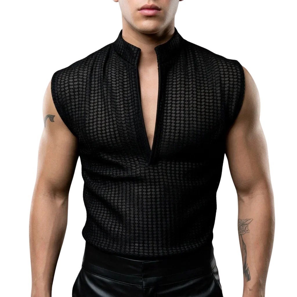 Shadow Grip Tanktop in Schwarz, ärmellos, Techno-Mode, Clubwear, Model frontal, elegante Textur