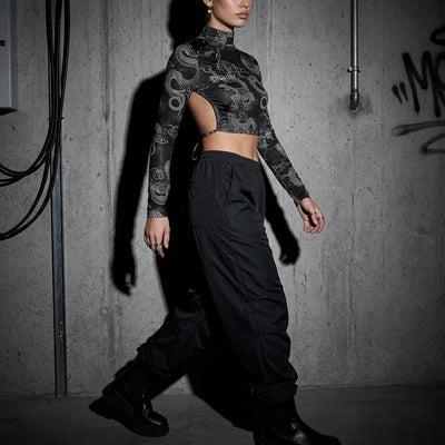 Seitliche Ansicht Dragon Night Backless Longsleeve, schwarz, Drachenmuster, Rave, Clubwear