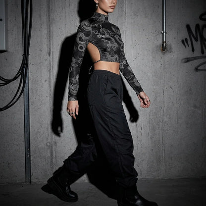 Seitliche Ansicht Dragon Night Backless Longsleeve, schwarz, Drachenmuster, Rave, Clubwear