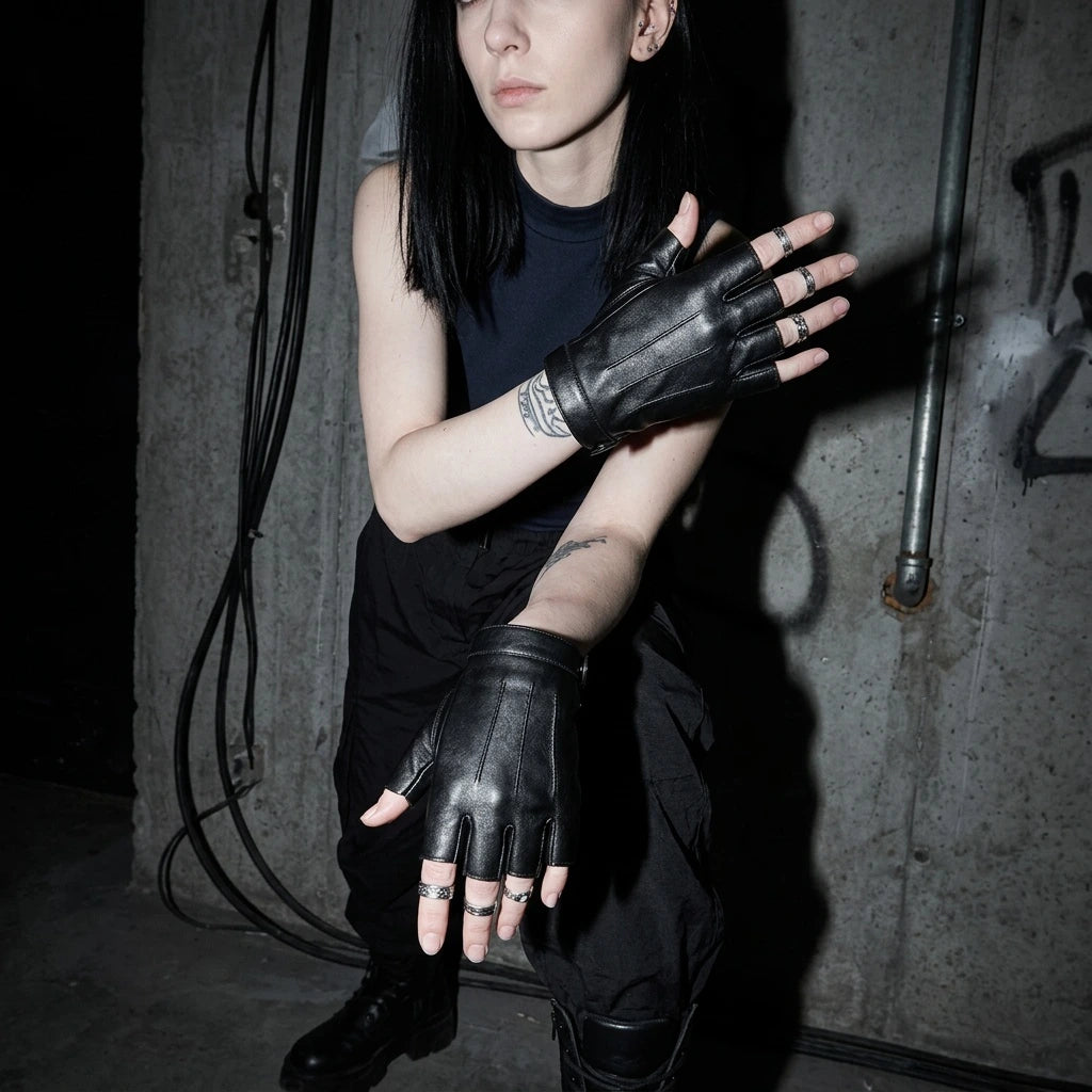 Frau mit Techno Rave Fingerless Gloves, schwarzes Outfit, ideal für Clubbing und Festivals.