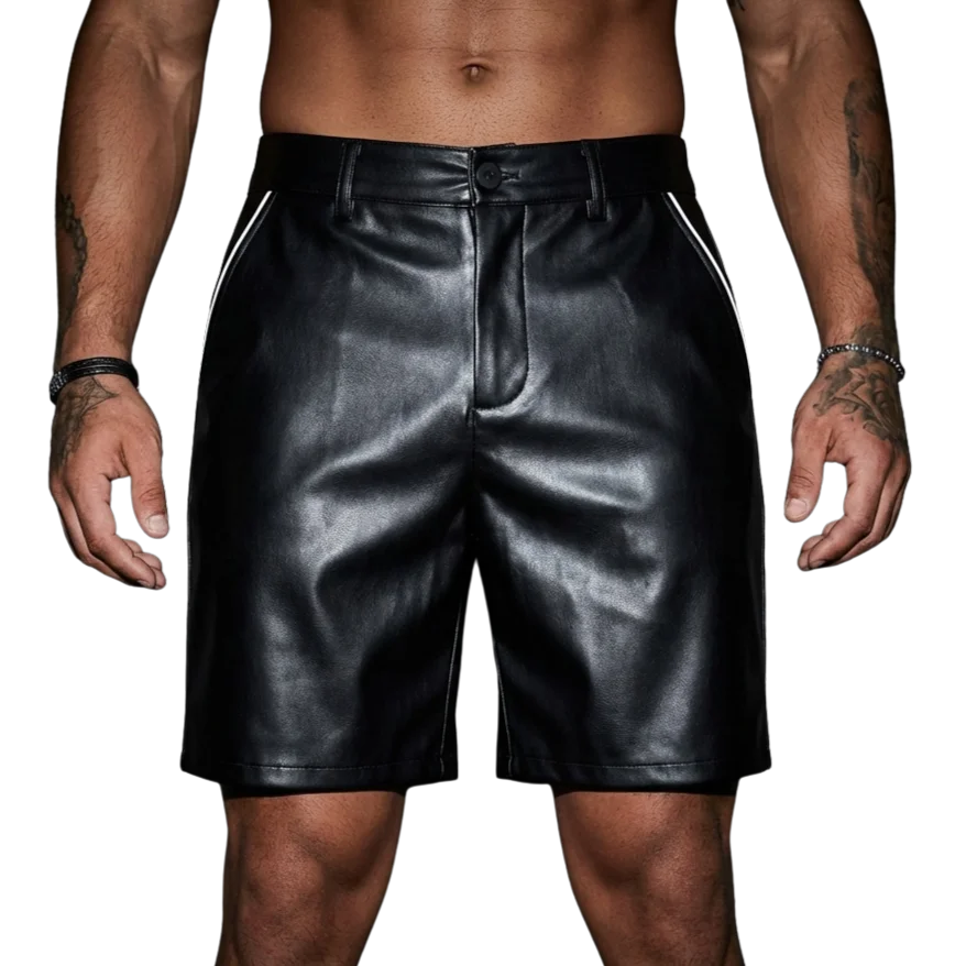 Nightshift Leather Shorts in Schwarz, frontal, techno-festival-ready, muskulöses Model
