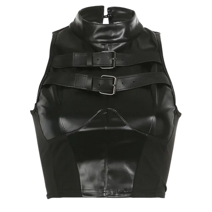 Hardwear Buckle Top, schwarzes Leder, Produktabbildung ohne Model, Techno Rave Fashion
