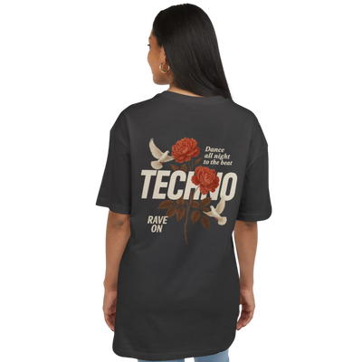 Anthrazitfarbenes Techno Rose Oversize Shirt am weiblichen Model, Rückansicht