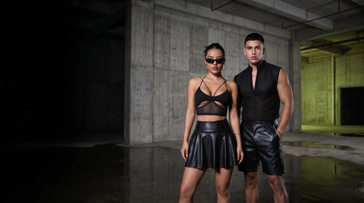 Zwei Raver in schwarzen Rave-Outfits vor einer Betonwand