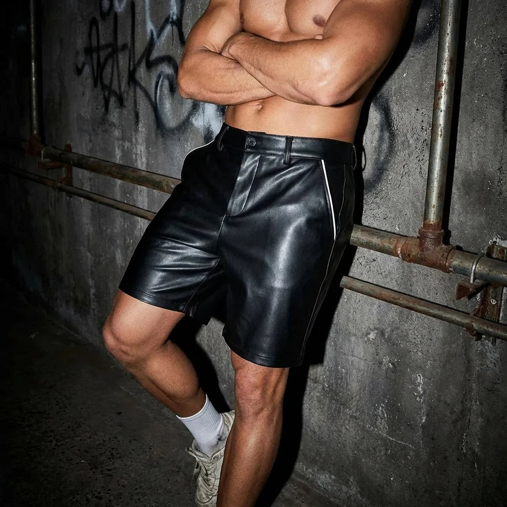 Nightshift Leather Shorts seitlich, lässige Pose, schwarzes Leder, Festival-Mode