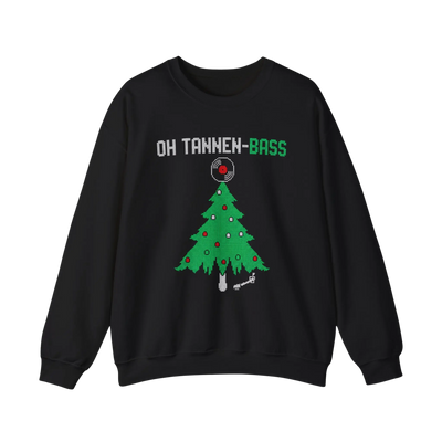 Schwarzer Oh Tannen-Bass Sweater mit grünem Tannenbaum und Schallplatte, Vorderansicht
