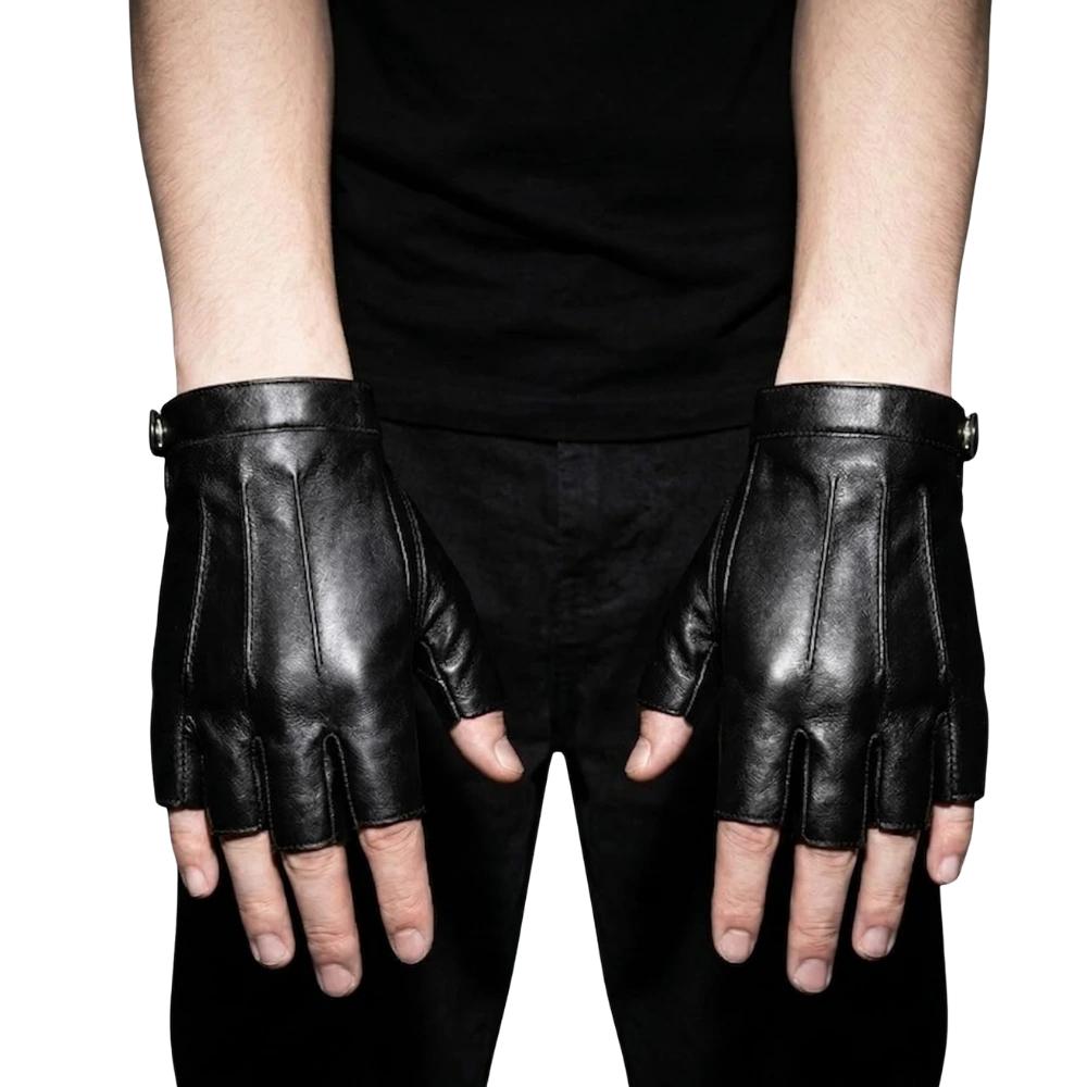 Schwarze Techno Rave Fingerless Gloves an männlichen Händen, ideal für Festivals und Clubs.