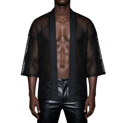 Mesh Vibe Kimono in Schwarz, Model frontal, techno-festival-ready Look