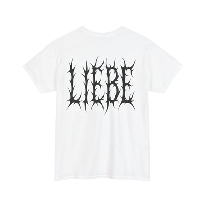 Weißes Liebe brennt T-Shirt mit schwarzem LIEBE-Rückenprint, Rückansicht 