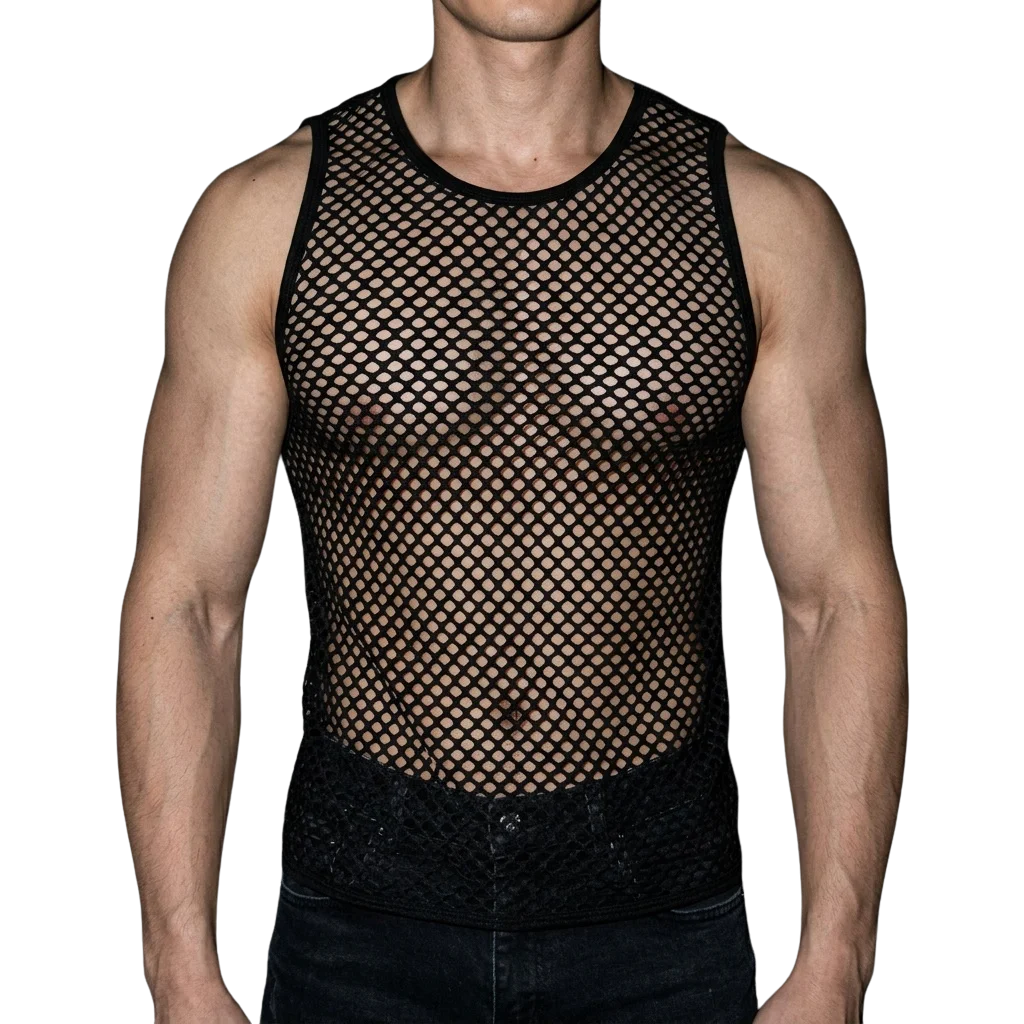 Rave-Mesh Tanktop in Schwarz, frontal getragen, muskulöses Model, Techno-Festival-Look