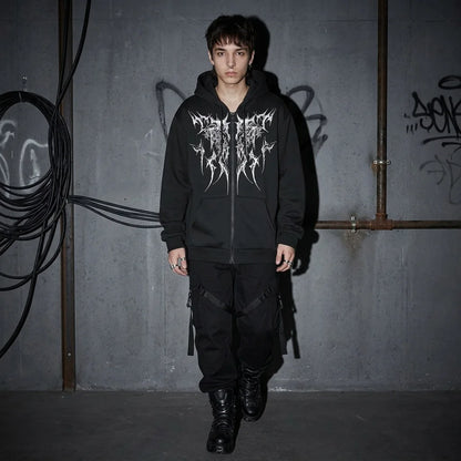 Dark Tribal Zip Hoodie, Ganzkörper, Rave-Outfit, Schwarz
