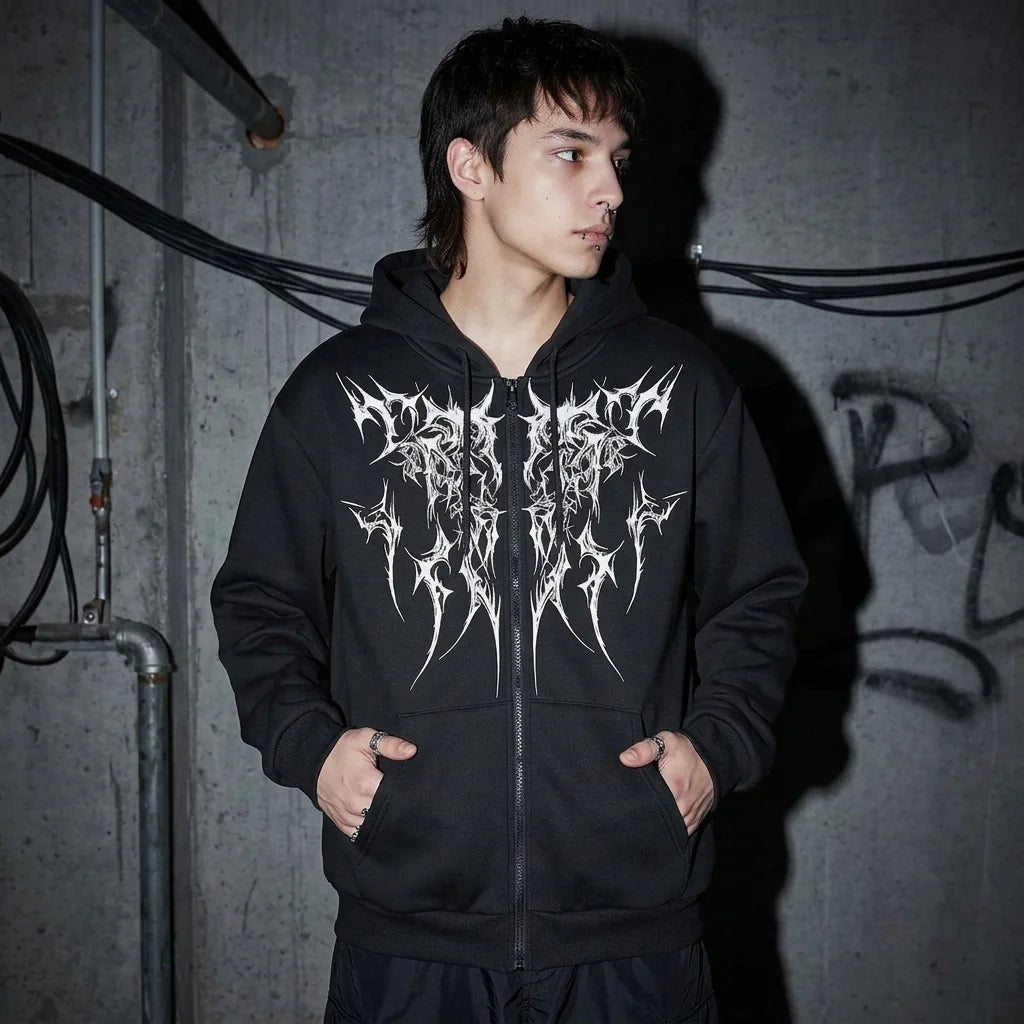 Dark Tribal Zip Hoodie seitlich, urbaner Look, Rave