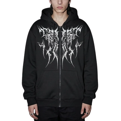 Dark Tribal Zip Hoodie vorne, schwarz, Techno-Style