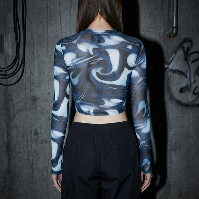 Midnight Waves Mesh Crop Longsleeve, blau-weiß, Rückansicht, Festival Mode