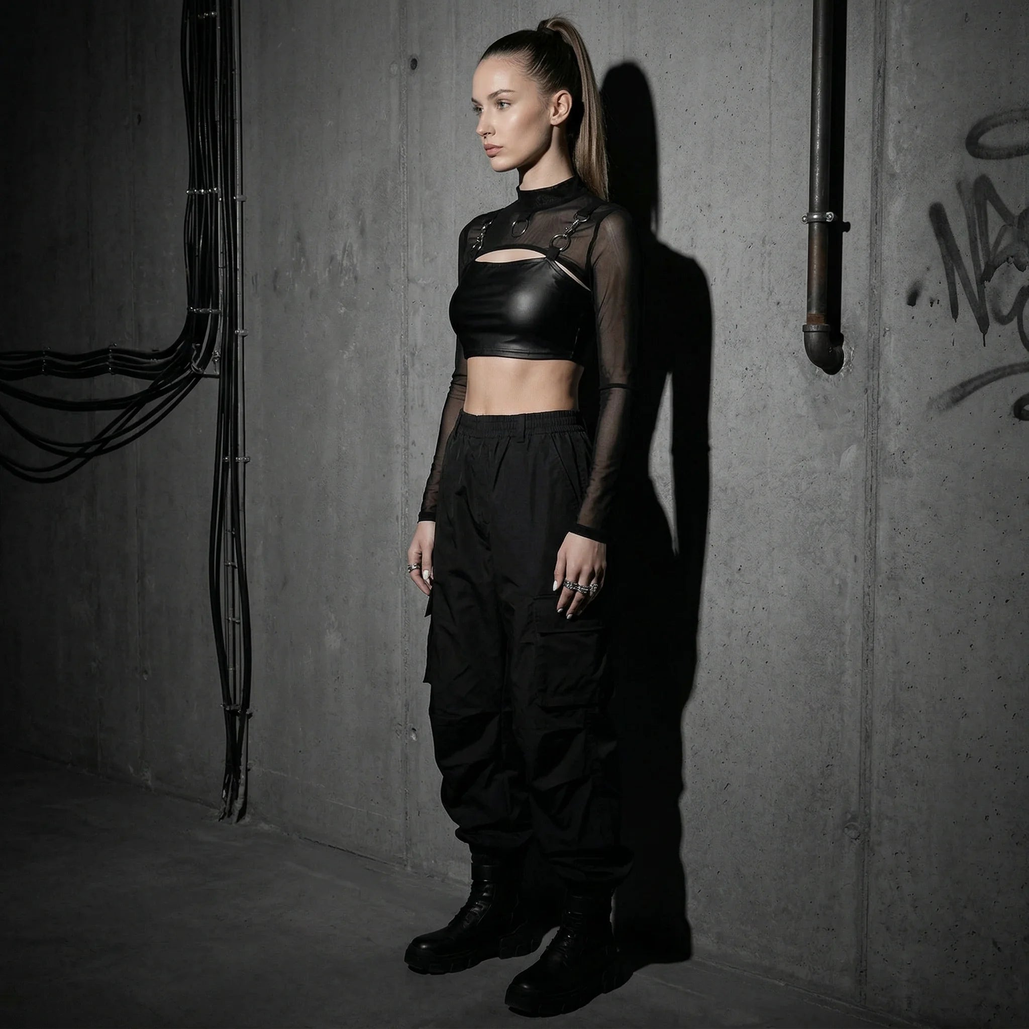 Seitenansicht, schwarzer Hauch von Eleganz, Model im Rave-Outfit